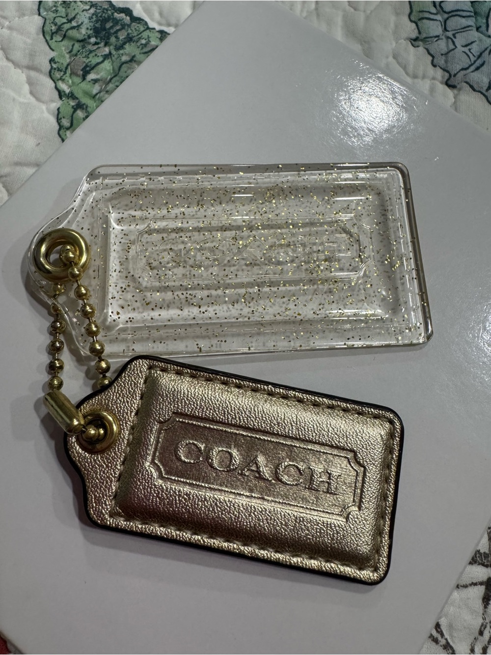 COACH Gold Leather bag Tag with Clear Glitter bag Tag